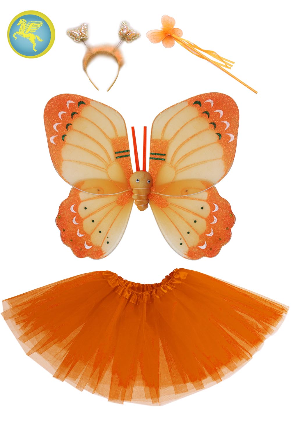 SET FARFALLA ARANCIO 4 PZ(CERCHIETTO, ALI, BACCHETTA E GONNA) BAMBINA